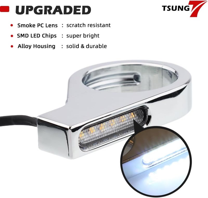 TSUNG Motorcycle Fork Mounted LED Turn Signals 39-41mm Switchback Sequential Amber Light with Bracket Indicater for Cruiser, Street Bike & Touring Motorcycles (Chrome Amber&White) - Image 4